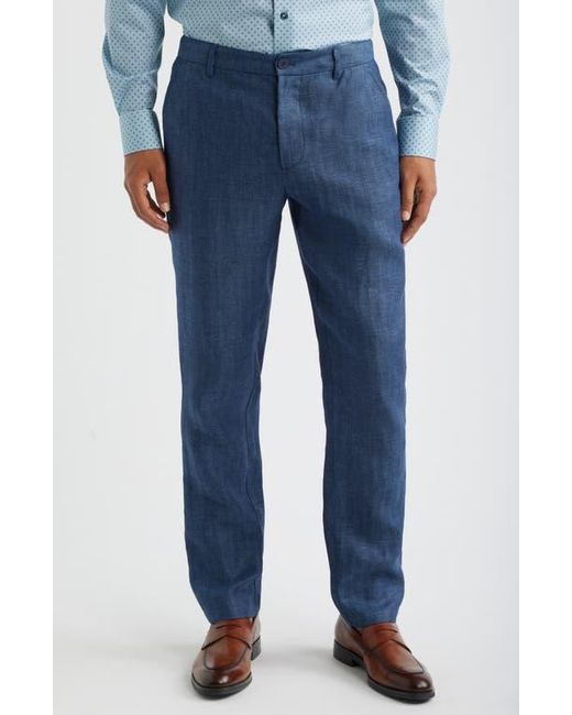 Bugatchi Blue Linen Herringbone Chinos for men