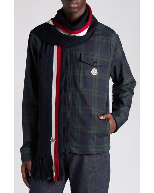 Moncler Blue Logo Patch Stripe Virgin Wool Fringe Scarf for men