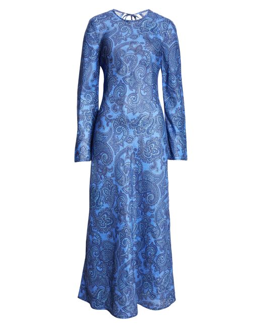 Zimmermann Blue Ottie Paisley Long Sleeve Open Back Linen Maxi Dress