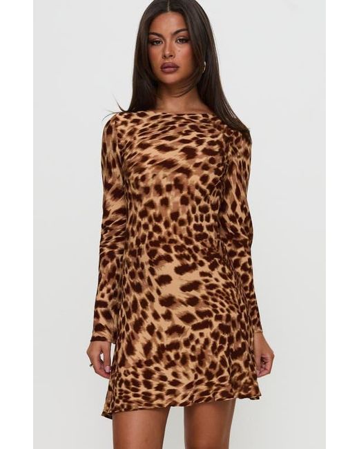 Princess Polly Brown Halo Bias Cut Leopard Print Long Sleeve Minidress
