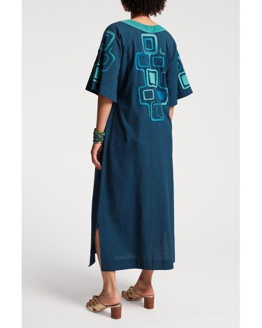 Frances Valentine Blue Charming Caftan Maxi Jetson Print Cotton Linen