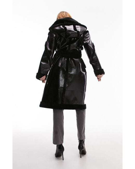 Faux Fur Trim Faux Leather Aviator Coat in Black Lyst