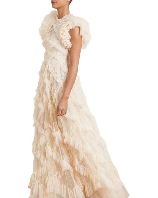 Needle & Thread Natural Genevieve Ruffle Short Sleeve Maxi Gown