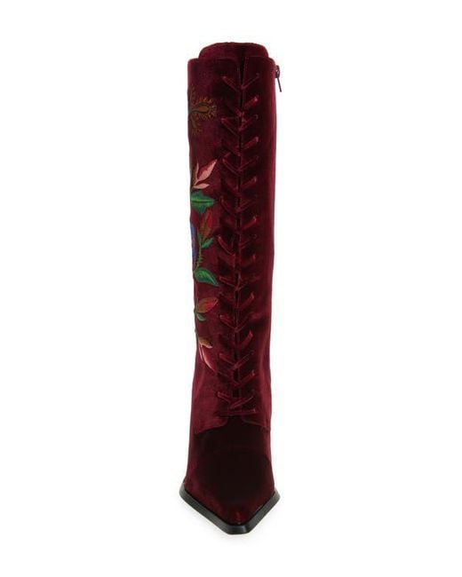 Jeffrey Campbell Red Joyeux Floral Lace-Up Knee High Boot