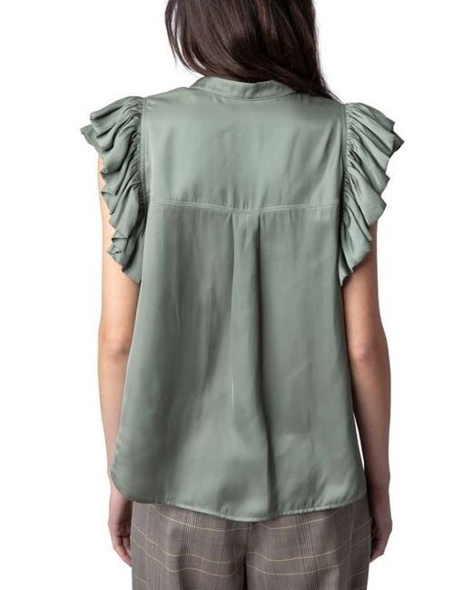 Zadig & Voltaire Green Tiza Ruffle Satin Button-Up Blouse