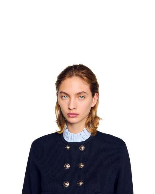 Sandro Blue Cardigan With Removable Ruffled Collar