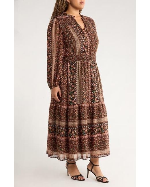 Gibsonlook Brown The Leyla Print Smocked Long Sleeve Maxi Dress