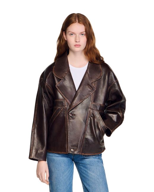 Sandro Black Oversized Leather Jacket