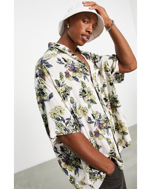 ASOS Boxy Oversize Floral Short Sleeve Buttonup Shirt in Natural for