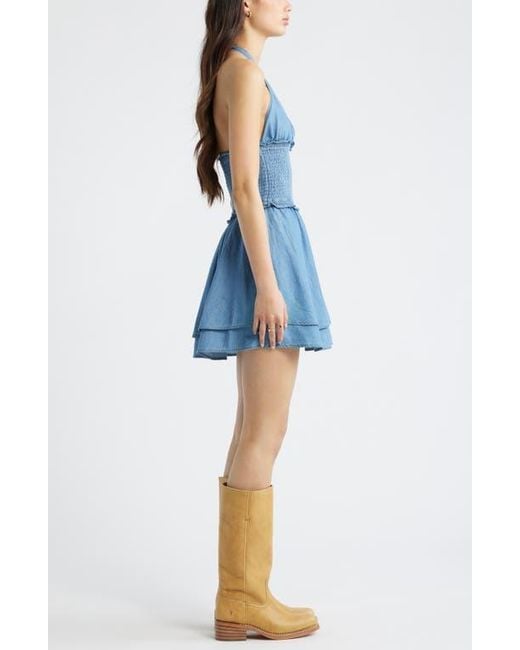 bp denim dress BP. Tie Neck Tiered Halter Denim Minidress in Blue