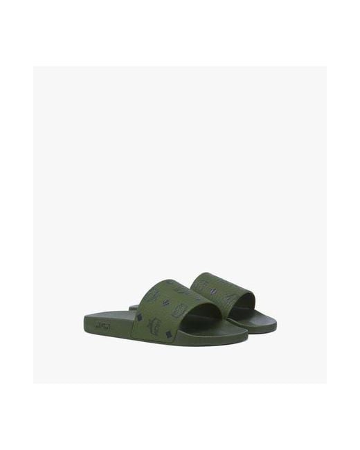 MCM Green Monogram Print Rubber Slides for men