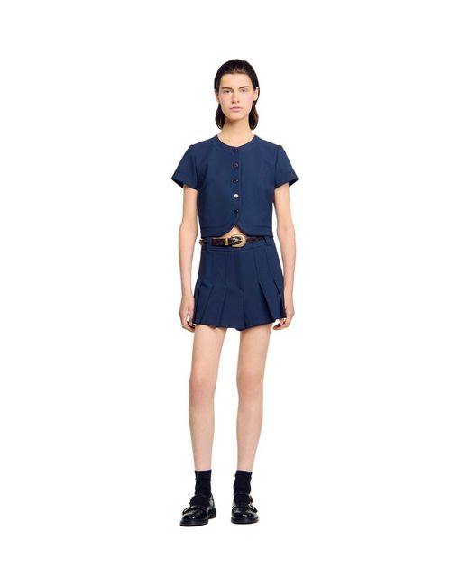 Sandro Blue Rounded Hem Buttoned Crop Top