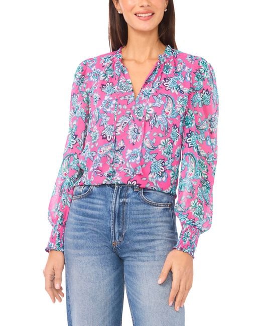 Cece Blue Split Neck Top
