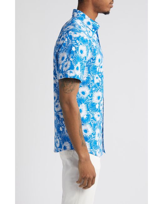 Original Penguin Blue Floral Short Sleeve Stretch Button-down Shirt for men