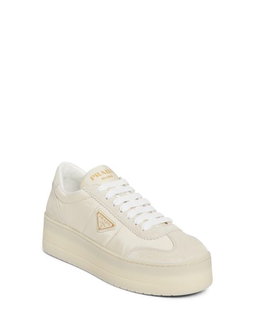 Prada White Flatform Downtown Logo Platform Sneaker