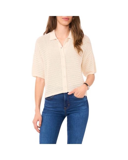 Halogen® Blue Open Stitch Button-Up Polo Sweater