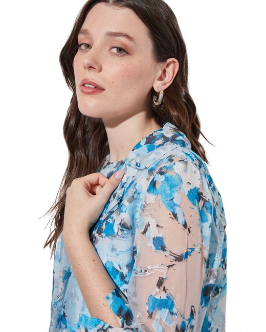 Ming Wang Blue Floral Sheer Open Front Elbow Sleeve Jacket