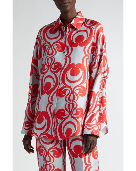 Dries Van Noten Red Print Oversize Silk Button-up Shirt
