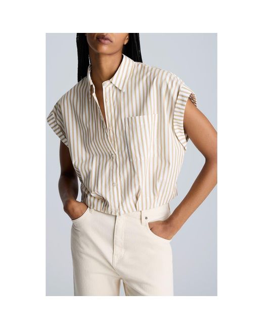 Kenneth Cole White Oversize Stripe Cap Sleeve Cotton Button-Down Shirt