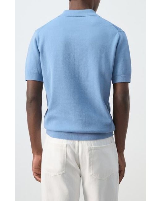 Mango Blue Solid Cotton Waffle Zip Polo Sweater for men