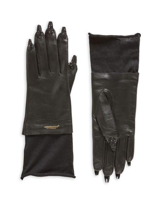 Undercover Black Crystal Embellished Nail Sheepskin Leather Gloves