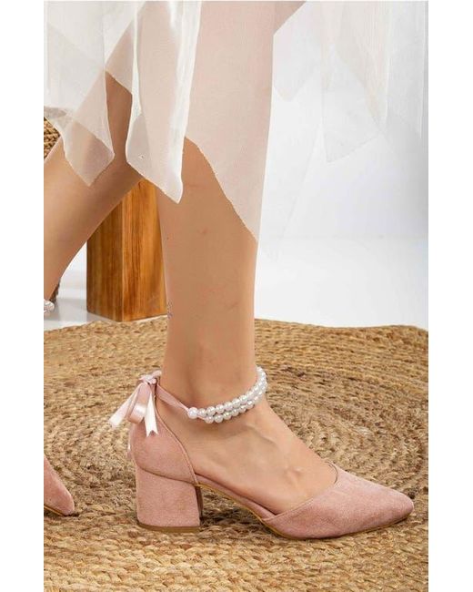 Forever & Always Shoes Pink Miranda Low Block Heels With Pearls