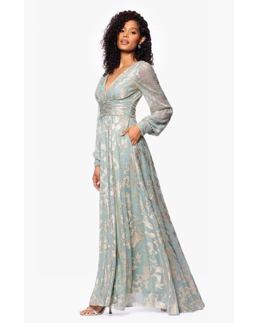 Betsy & Adam Blue Foil Pattern Long Sleeve Gown