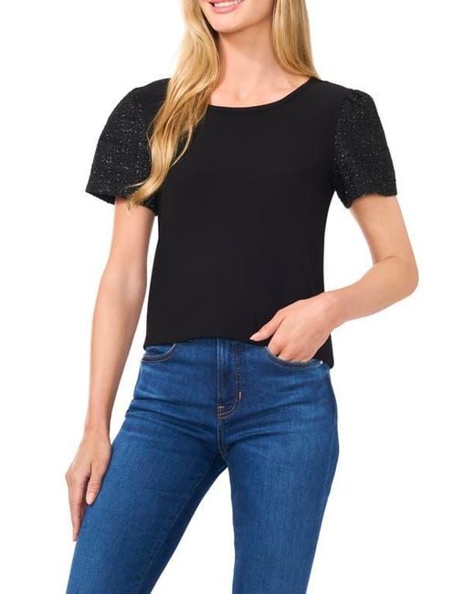 Cece Black Mixed Media Tweed Sleeve Top