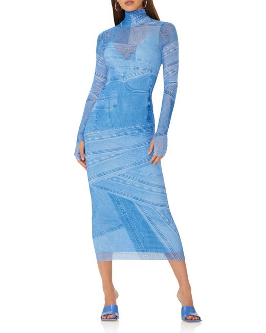 AFRM Blue Shailene Mesh Long Sleeve Midi Dress