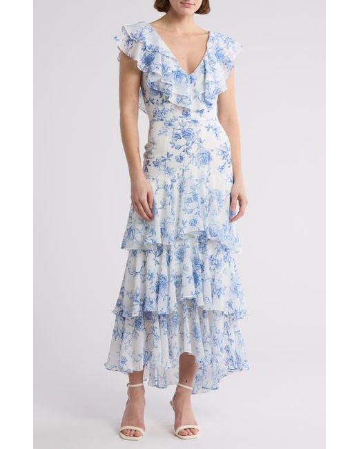 Wayf Floral Cap Sleeve Tiered Ruffle Dress in Blue | Lyst