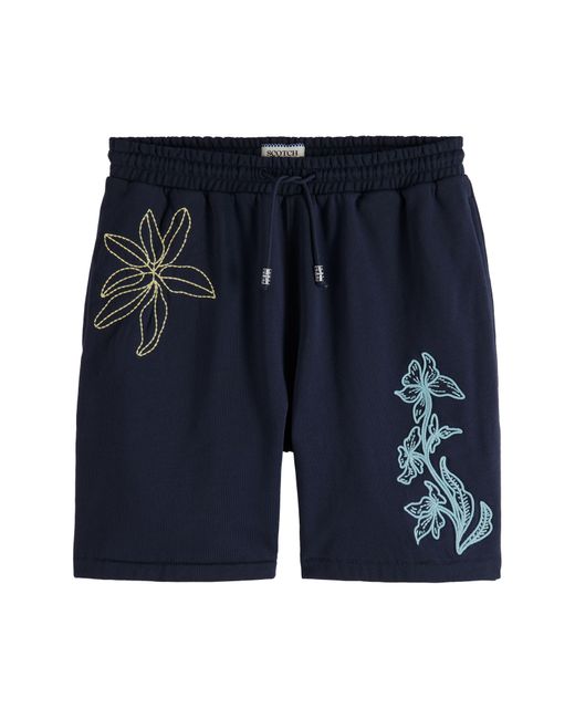 Scotch & Soda Blue Floral Embroidered Sweat Shorts for men