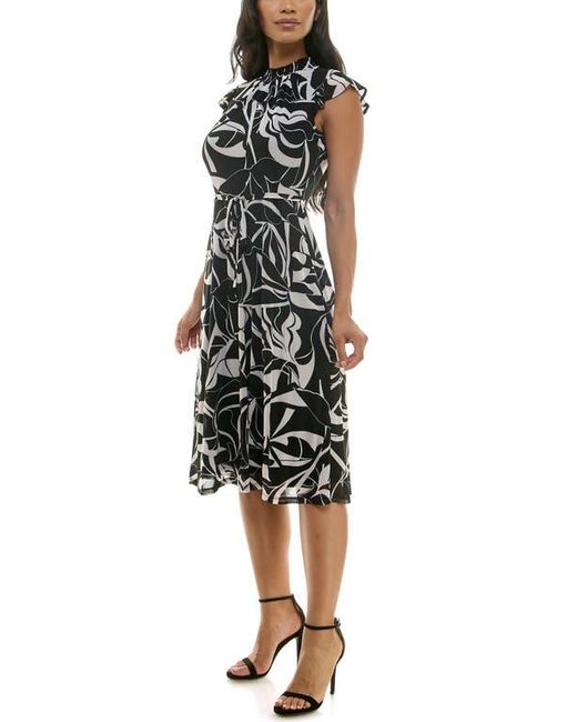 Nina Leonard Black Mock Neck Flutter Sleeve Midi Dress