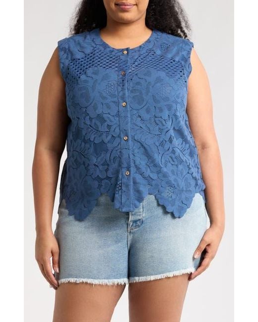 Forgotten Grace Blue Lace Button Tank