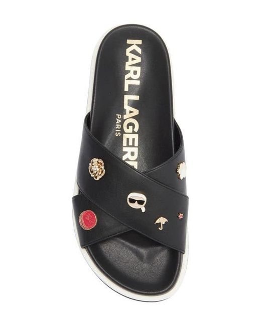 Karl Lagerfeld Black Leather Embellished Cross-Strap Sandals Karl Lagerfeld Paris Bexli Black Charm Embellished Slingback  main image 3