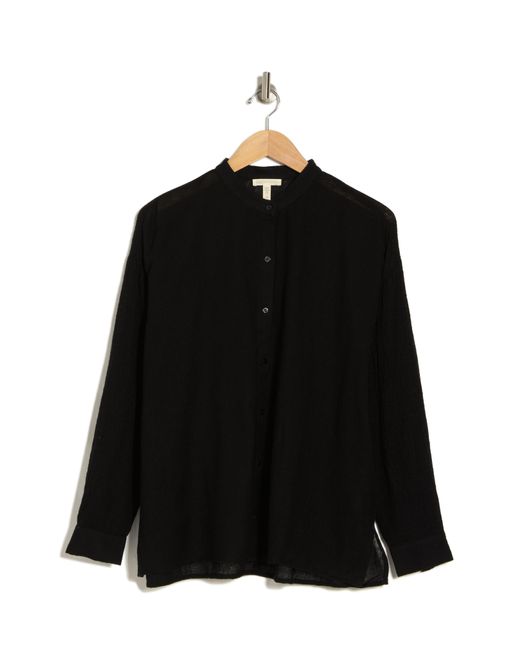 Eileen Fisher Black Mandarin Collar Long Sleeve Wool Shirt