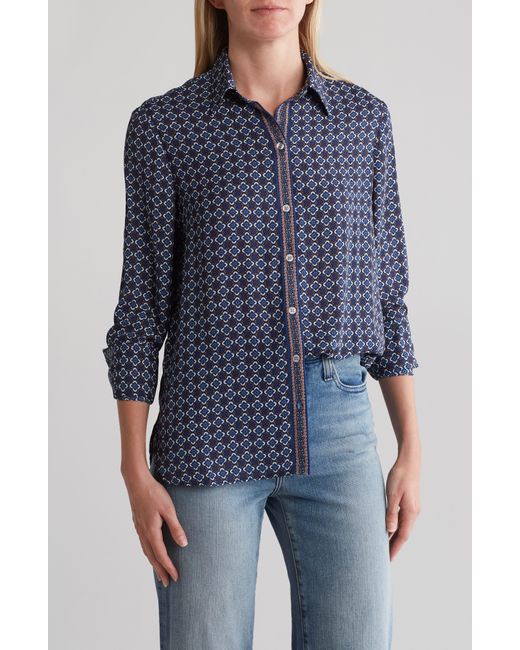 Max Studio Blue Printed Long Sleeve Button-up Shirt