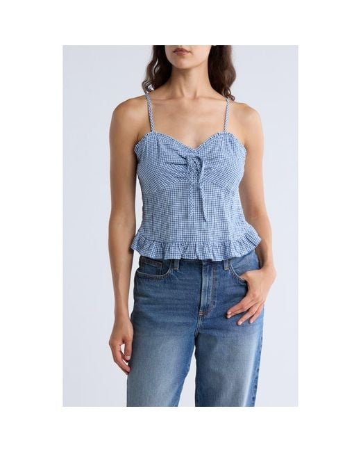 Melrose and Market Blue Cinch Tie Front Ruffle Hem Top
