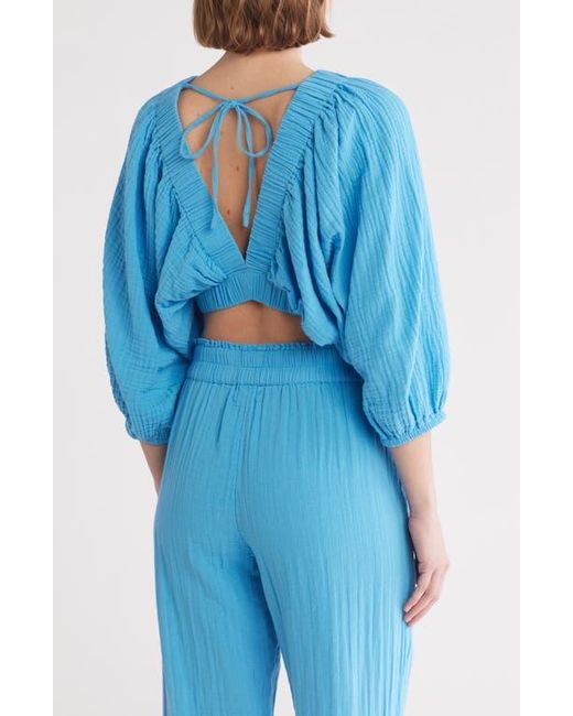 Elan Blue Three-Quarter Balloon Sleeve V-Neck Cover-Up Top