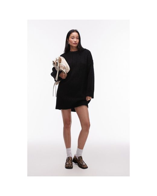 TOPSHOP Black Knitted Fluffy Rib Oversized Crew Mini Dress