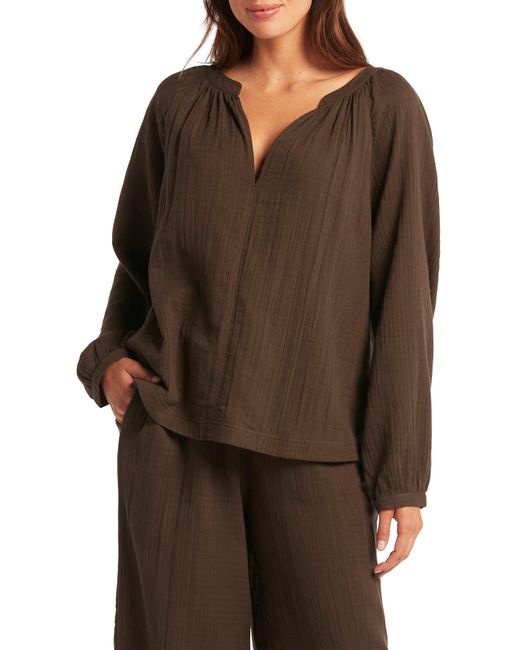 Sea Level Sunset Peasant Oversize Coverup Top in Brown Lyst