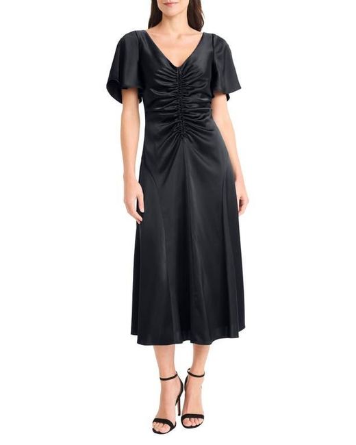 Maggy London Black Flutter Sleeve Ruched Satin Midi Dress