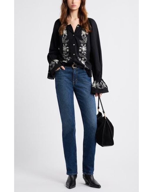 Treasure & Bond Black Embroidered Front Button Top
