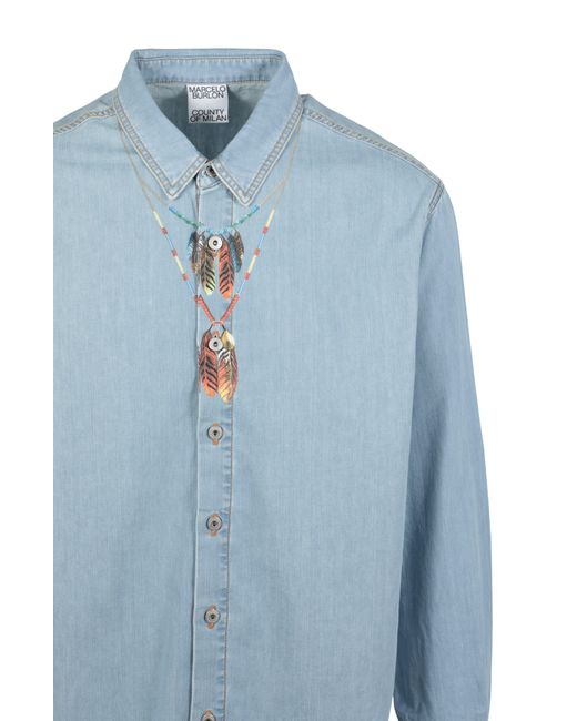 Marcelo Burlon Blue Feather Necklace Cotton Denim Button-up Shirt for men