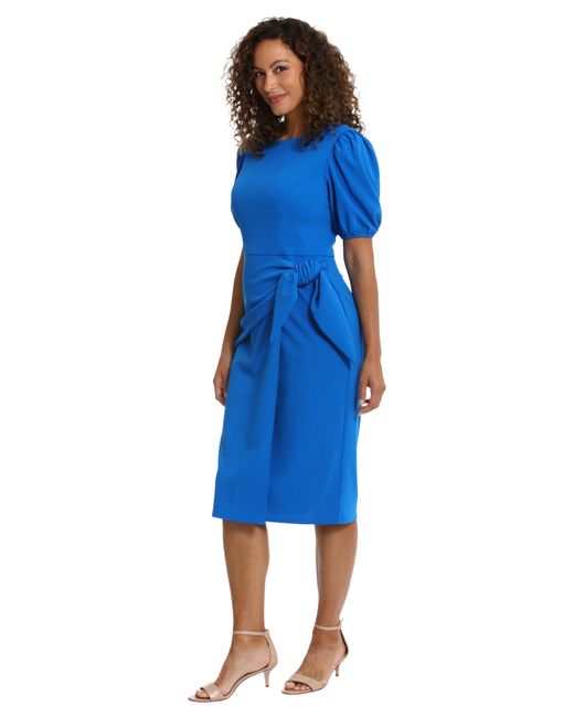 London Times Blue Short Puff Sleeve Tie Waist Midi Dress
