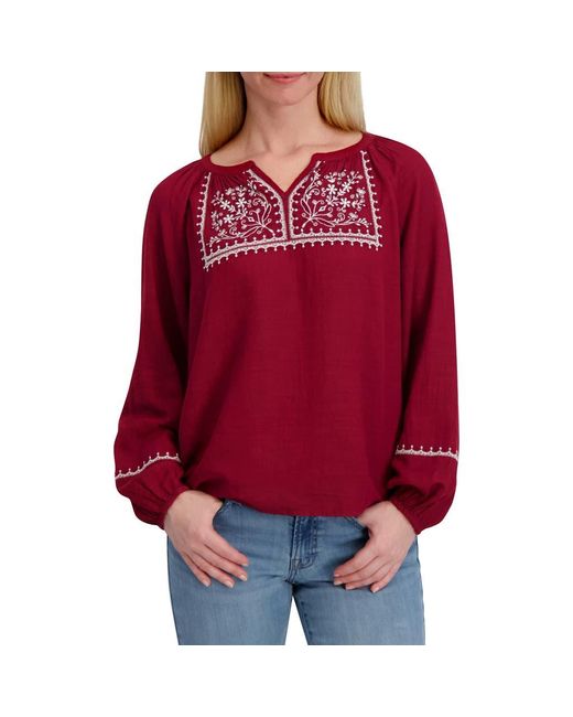Lucky Brand Embroidered Long Sleeve Cotton Blend Top
