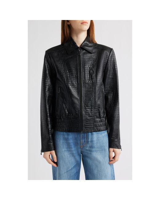 Bernardo Black Short Croc-Embossed Leather Jacket