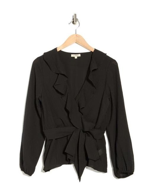 Max Studio Black Ruffle Long Sleeve Faux Wrap Top