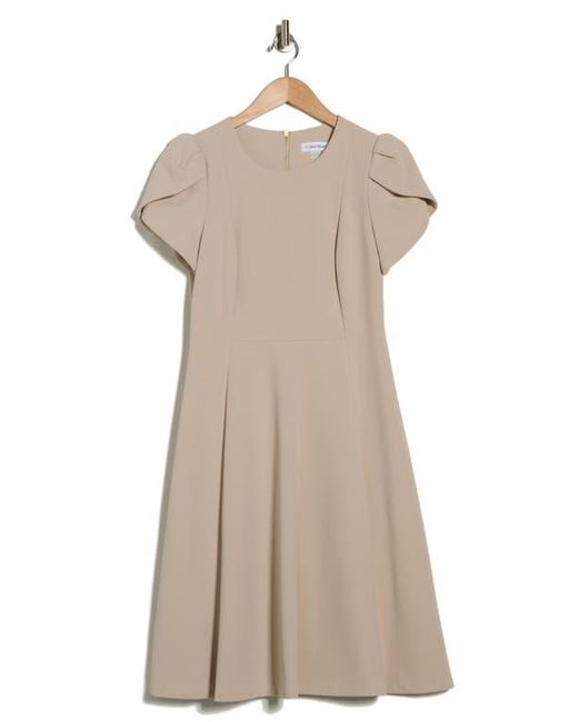 Calvin Klein Tulip Sleeve Fit & Flare Dress in Natural | Lyst