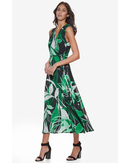 Calvin Klein Green Sleeveless Chiffon Faux Wrap Midi Dress