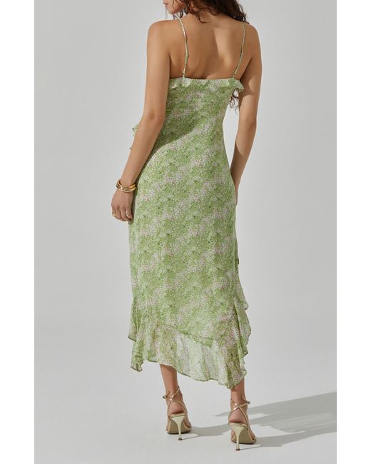 Astr Green Floral Ruffle Handkerchief Hem Midi Dress